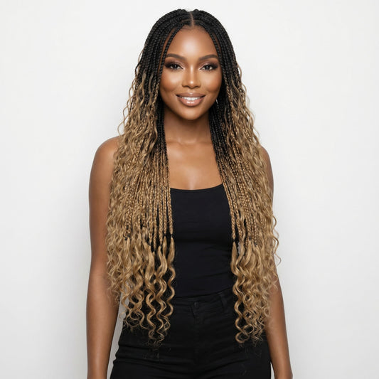 Honey Blonde Ombre Deep Wave Boho Braids with Human Hair Blend